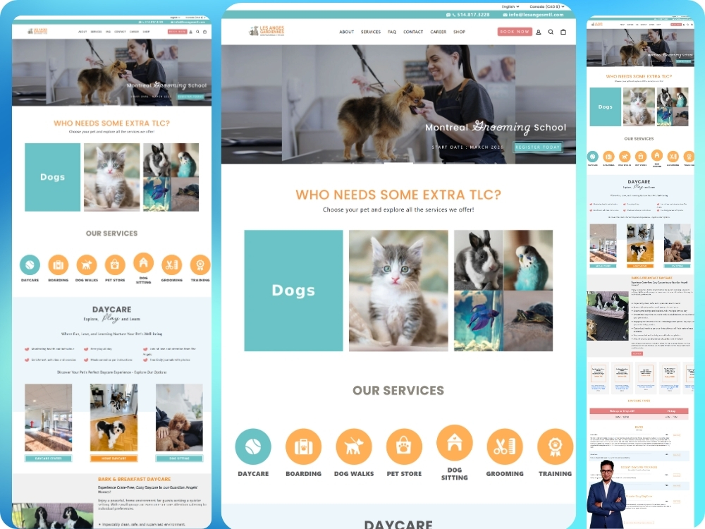 Les Anges Gardiennes pet care website shown on desktop, tablet and mobile